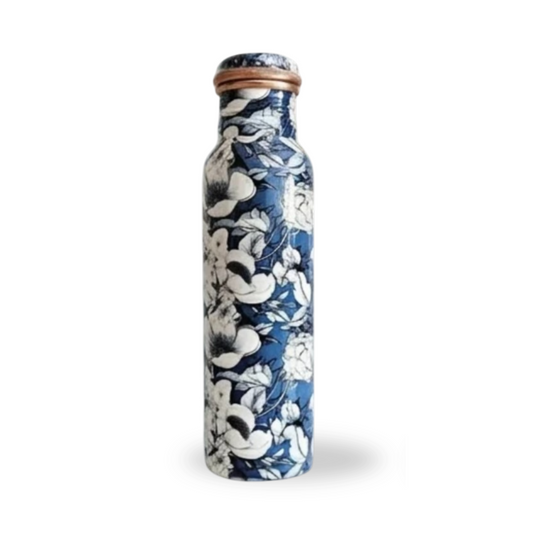 Copper Blue Floral Printed Bottle  (950ml) ｜ 印度手工純銅水瓶