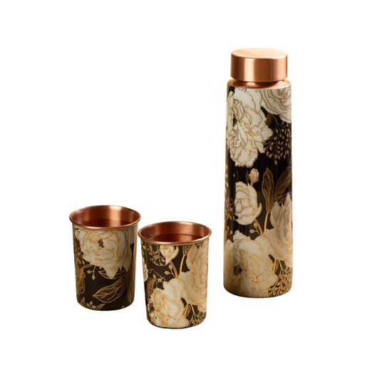 Copper Bottle Set 950ml & 2 Cups (Black & Gold)｜ 印度手工純銅水瓶杯具組合｜阿育吠陀飲用銅水習慣