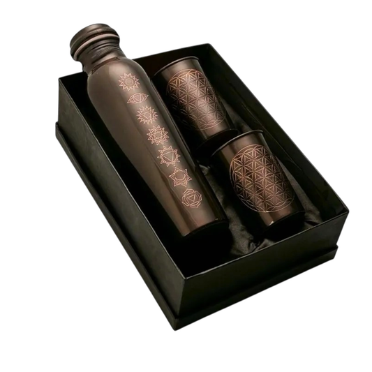 Copper Bottle Crafted with Charka 印度手工純銅雕刻水瓶 (深色套裝）｜阿育吠陀飲用銅水習慣