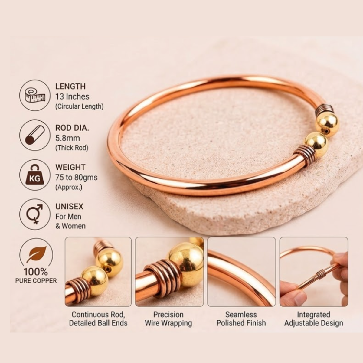 Adjustable Copper Anklet Leg Kada with Brass Bead｜極簡純銅金珠腳踝環 (#YS045B)