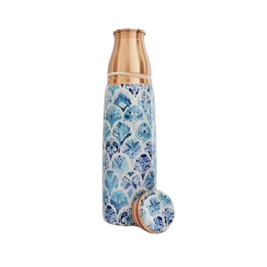 Copper Bottle Set 950ml & 2 Cups (Blue Floral Printed) ｜ 印度手工純銅水瓶杯具組合｜阿育吠陀飲用銅水習慣