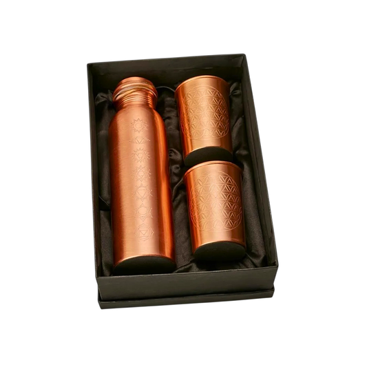 Copper Bottle Crafted with Charka 印度手工純銅雕刻水瓶 (淺啡色套裝）｜阿育吠陀飲用銅水習慣