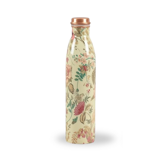Copper Yellow Floral Printed Bottle  (950ml) ｜ 印度手工純銅水瓶｜阿育吠陀飲用銅水習慣