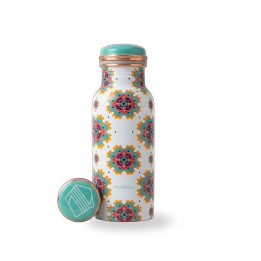 小容量白色曼陀羅銅水瓶 ｜  White Mandala Floral Printed Copper Bottle - Small (500ml) (#NU001)