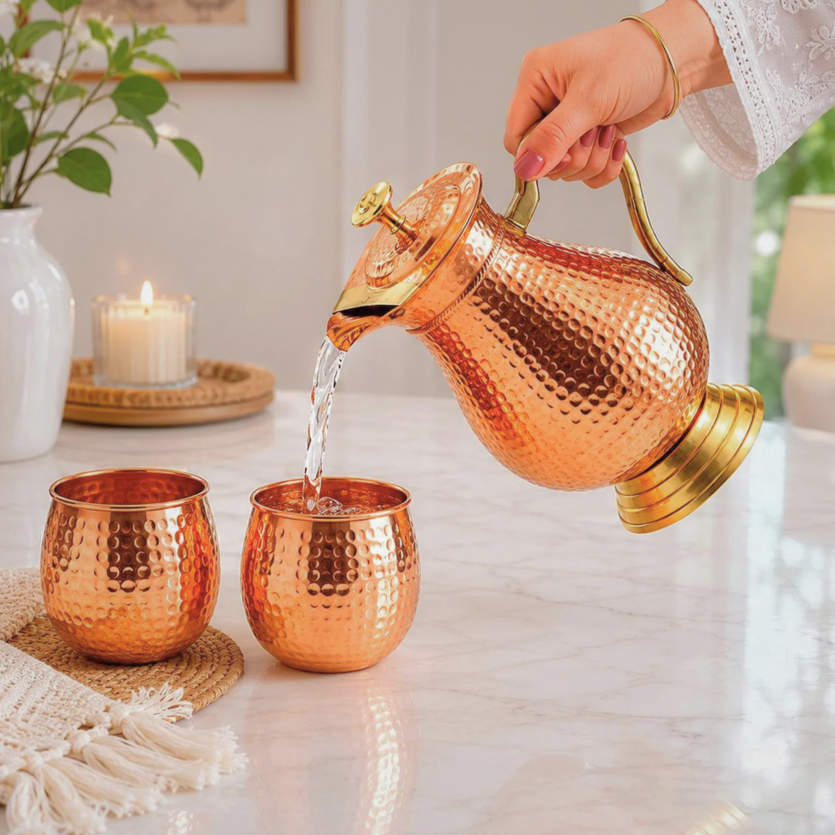Ayurveda Antique Hammered Copper Jug Set with 2 Cups｜ 純銅精品儲水壺套裝 (#CJ122)