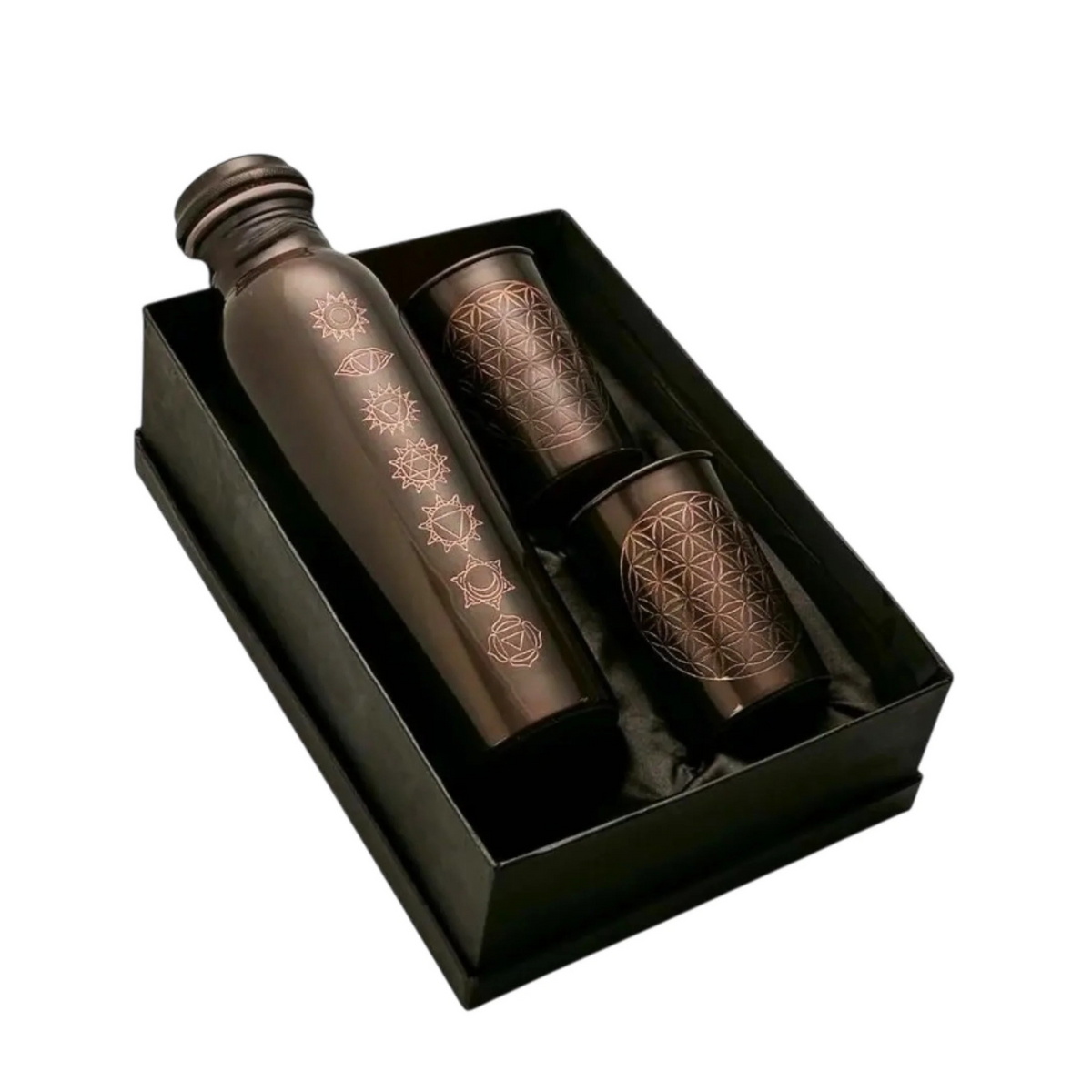 Copper Bottle Set with Crafted 7 Chakras - Light Brown｜印度手工脈輪雕刻銅水瓶 - 淺啡色套裝 (#CH002)