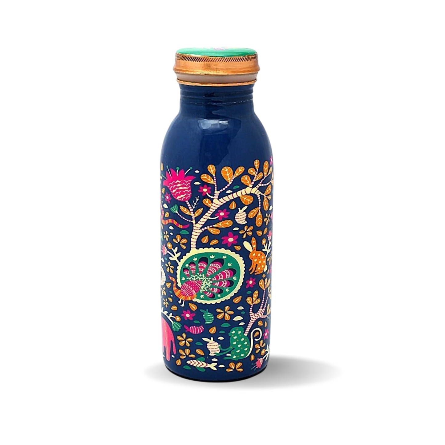 Copper Bottle Blue Printed Animal Set (500ml & Cup) ｜ 印度手工純銅雕刻水瓶套裝｜阿育吠陀飲用銅水習慣