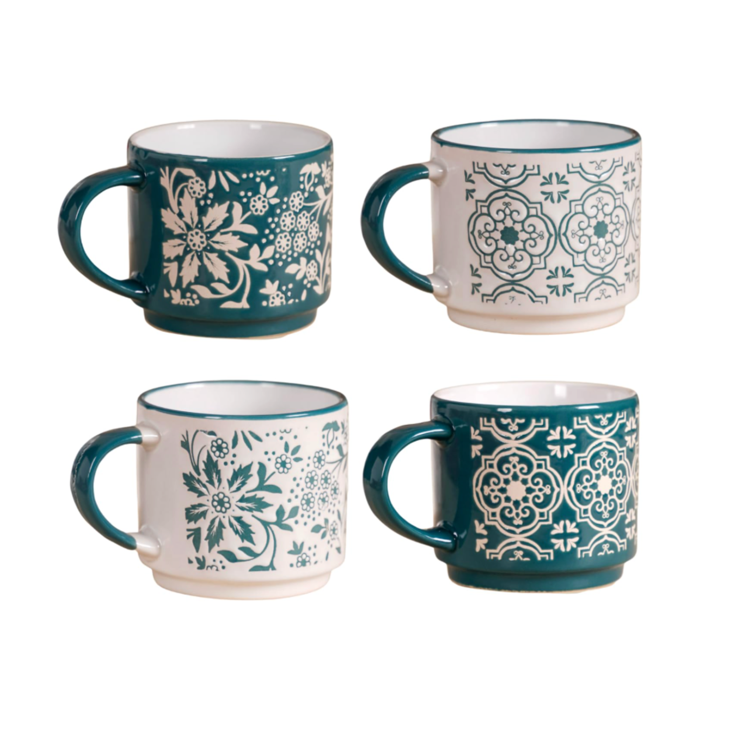 Green Geometry Ceramic Chai Cups Set of 4｜綠色圖騰疊放式陶瓷杯組 (4入組)