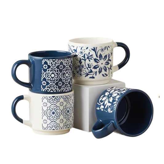 Blue Geometry Ceramic Chai Cups Set of 4｜藍色圖騰疊放式陶瓷杯組 (4入組)